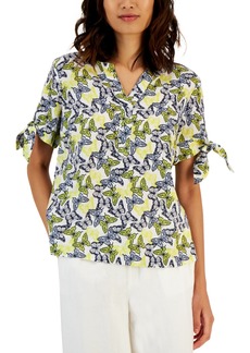 Charter Club Women's Linen Butterfly-Print Tie-Sleeve Top, Created for Macy's