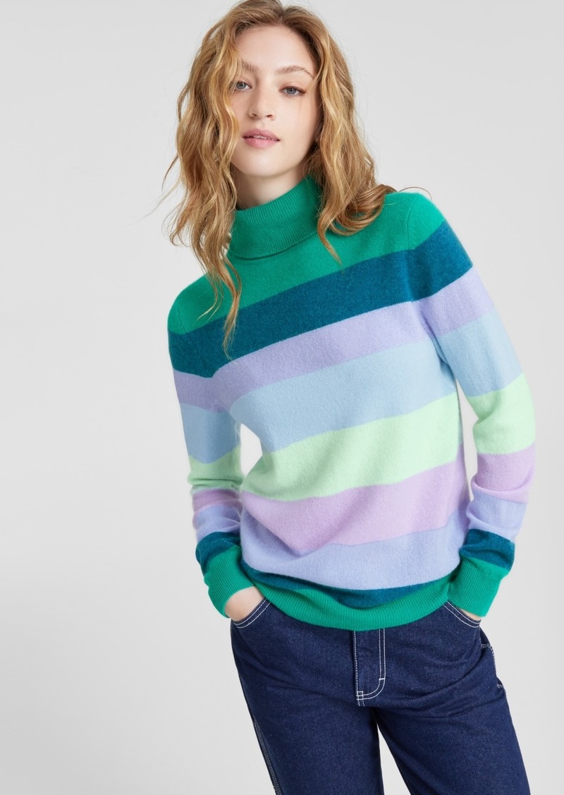 Charter Club Women's Striped 100% Cashmere Turtleneck Sweater, Created for Macy's - Peacock Green Combo