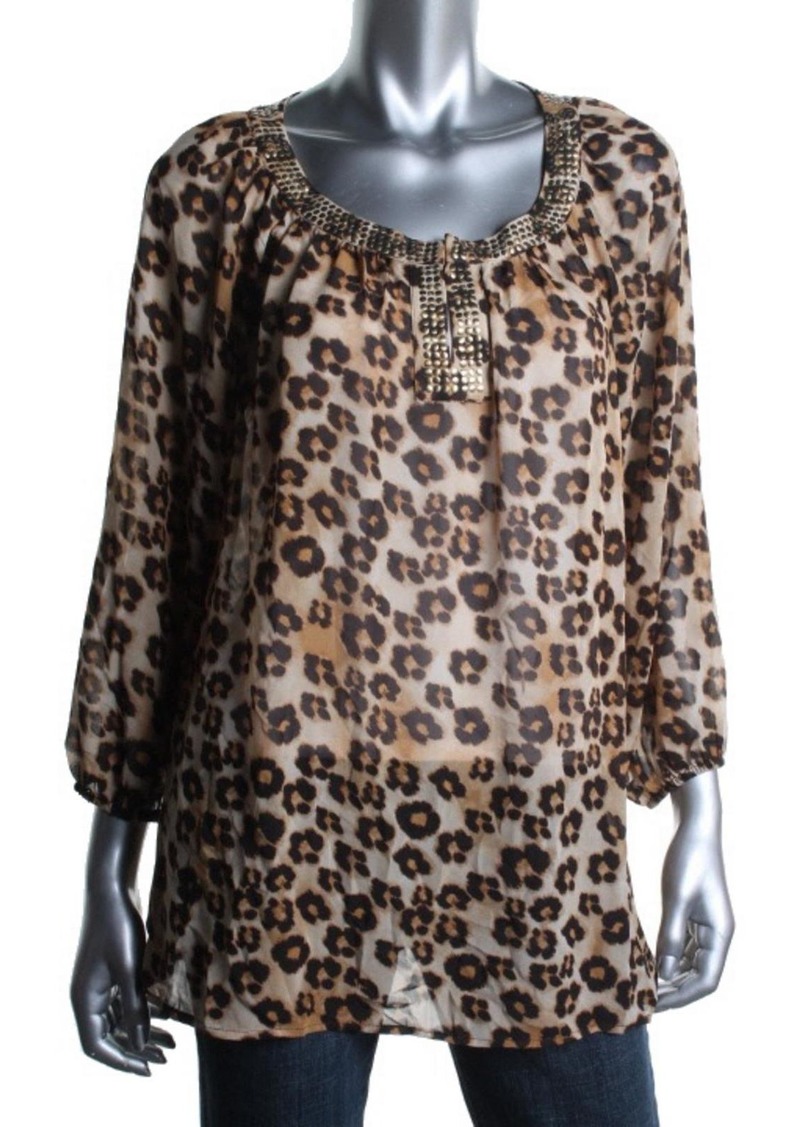 Charter Club Womens Animal Print 3/4 Sleeves Blouse