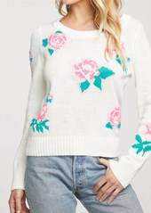 Chaser Floral Cotton Blend Long Sleeve Crew Neck Sweater In Rice