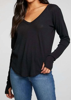 Chaser Heritage Waffle Long Sleeve Double V Neck Shirttail Tee In True Black