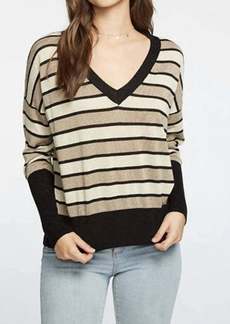 Chaser Long Sleeve Striped V-Neck Sweater In Black & Gold Stripe