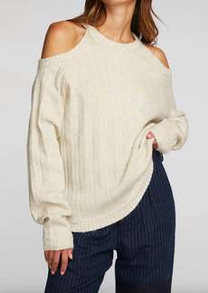 Chaser Sequin Knit Cold Shoulder Sweater In Cream