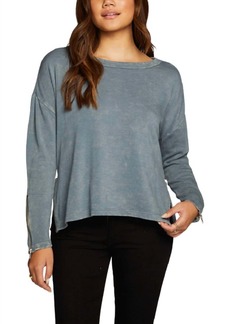 Chaser Slub French Terry Long Sleeve Open Neck Pullover With Zippers In Denim Mineral Wash