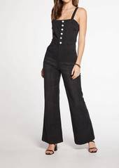 Chaser Stretch Twill Square Neck Button Down Wide Leg Jumpsuit Size In Washed Black