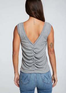 Chaser Triblend Rib Shirred Back V Muscle Tank In Streaky Grey