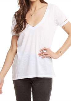 Chaser Vintage Jersey Vented Short Sleeve Deep V Neck Tee In White