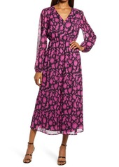 Chelsea28 Button Long Sleeve Midi Dress in Magenta Leopard Sketch at Nordstrom
