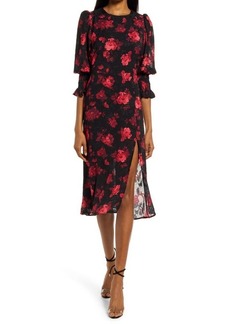 Chelsea28 Floral Smocked Cuff Long Sleeve Midi Dress in Black- Red Roses at Nordstrom