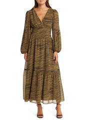 Chelsea28 Split Long Sleeve Tiered Dress in Olive- Black Geode Stripe at Nordstrom Rack