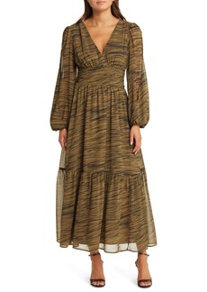 Chelsea28 Split Long Sleeve Tiered Dress in Olive- Black Geode Stripe at Nordstrom Rack