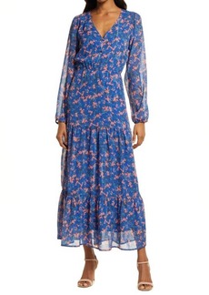 Chelsea28 V-Neck Long Sleeve Tiered Maxi Dress in Blue- Coral Scatter at Nordstrom