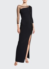 Chiara Boni La Petite Robe Asymmetric Zip-Front 3/4-Sleeve Gown with Mesh Inset