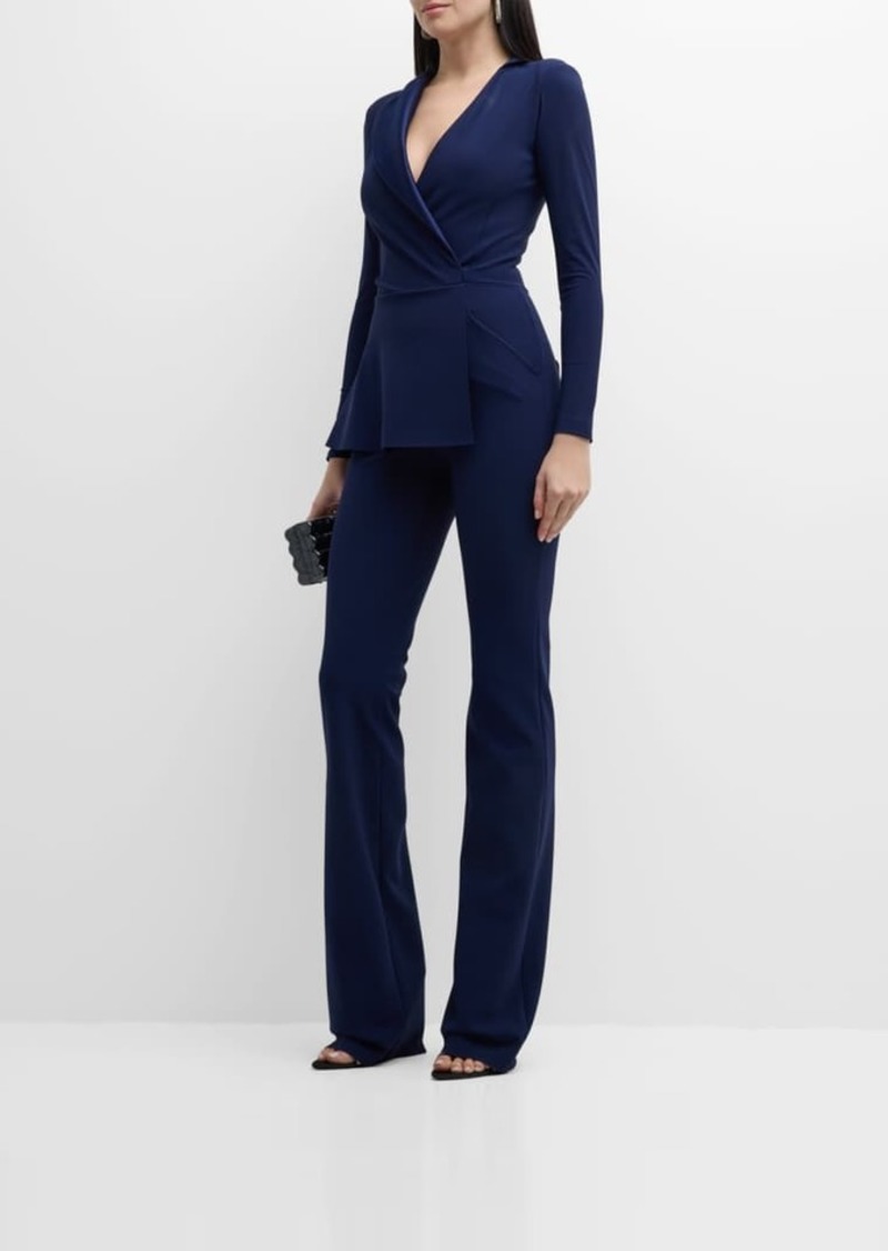 Chiara Boni La Petite Robe Satin Lapel Long-Sleeve Peplum Jumpsuit