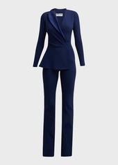 Chiara Boni La Petite Robe Satin Lapel Long-Sleeve Peplum Jumpsuit