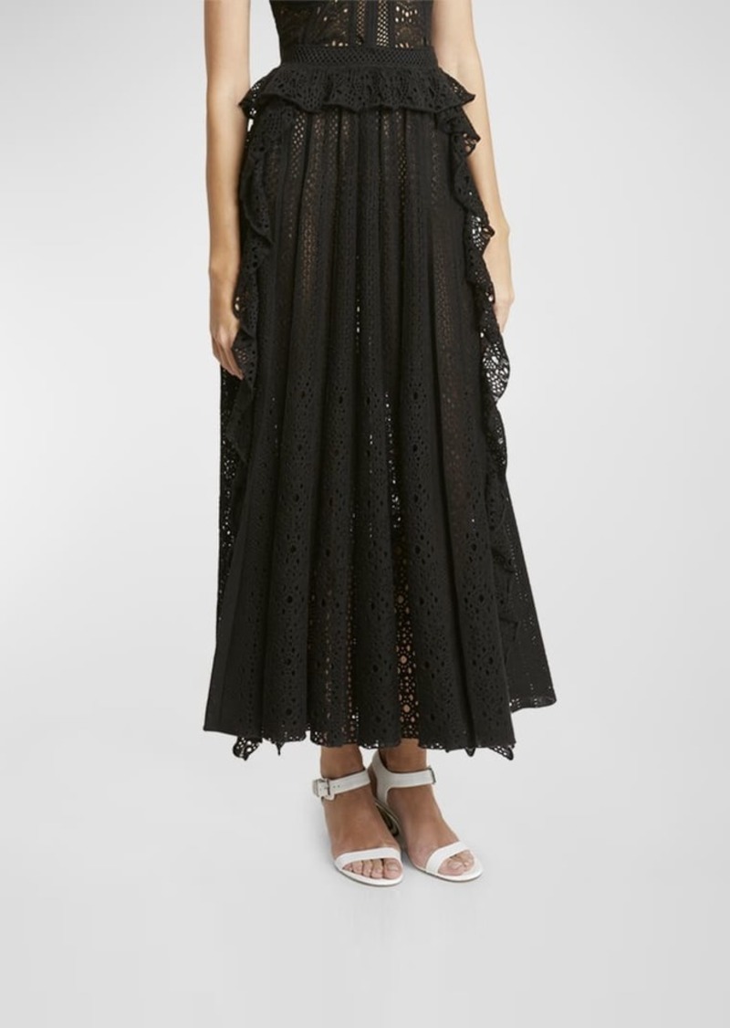 Chloé A-Line Broderie Anglaise Knit Skirt With Cascading Ruffles