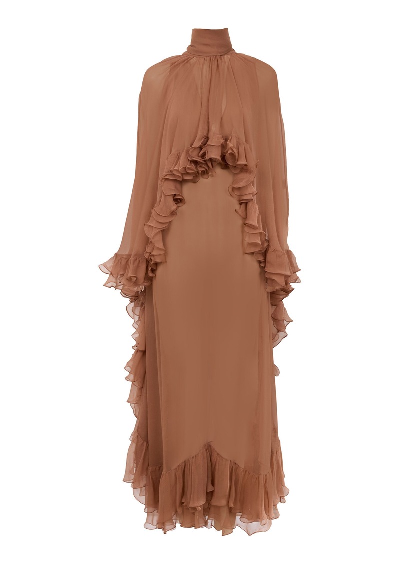 Chloé - Cape-Detailed Ruffled Organic Silk Maxi Dress - Nude - FR 36 - Moda Operandi