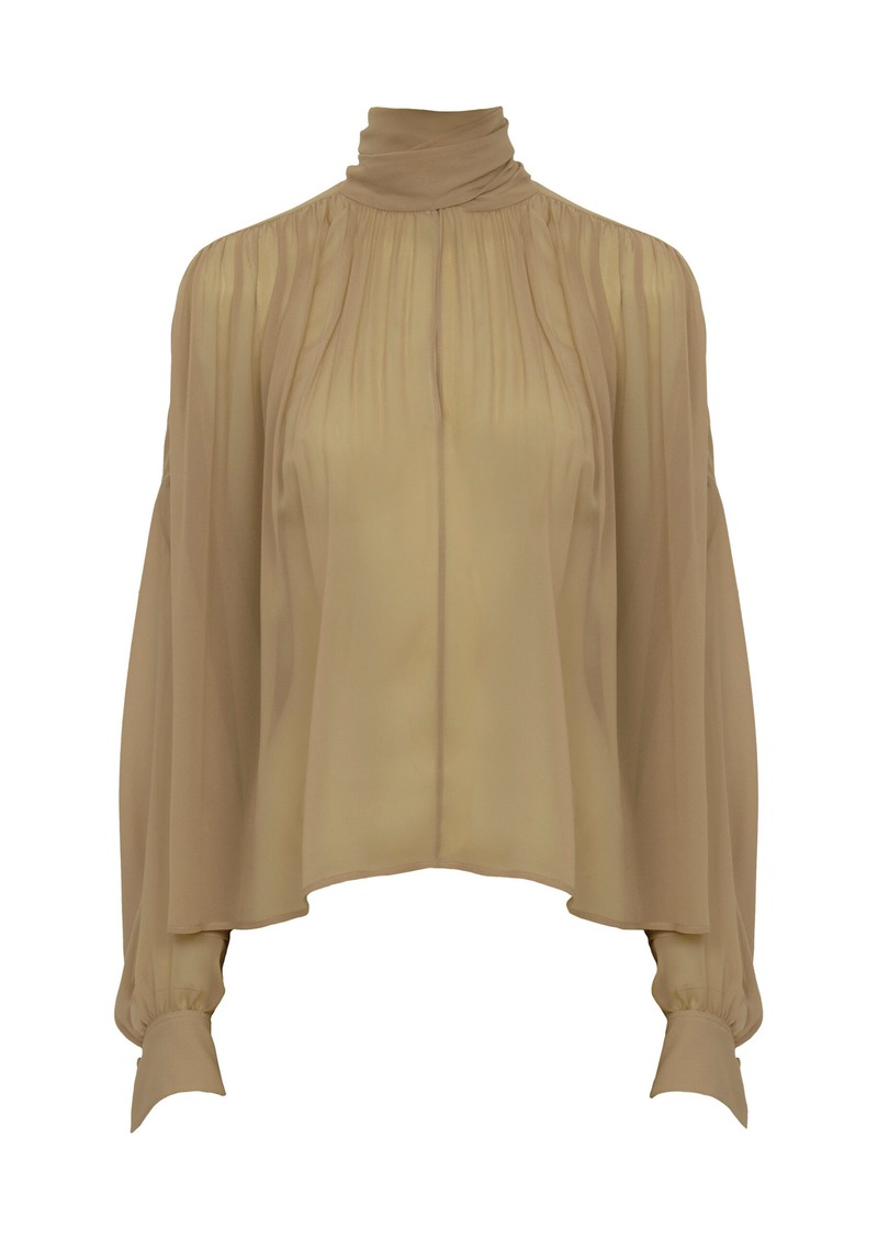 Chloé - Gathered Organic Silk Georgette Top - Khaki - FR 34 - Moda Operandi