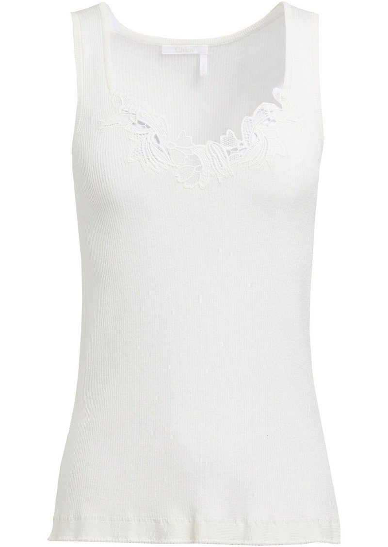 Chloé - Guipure lace-trimmed ribbed cotton-jersey tank - White - S