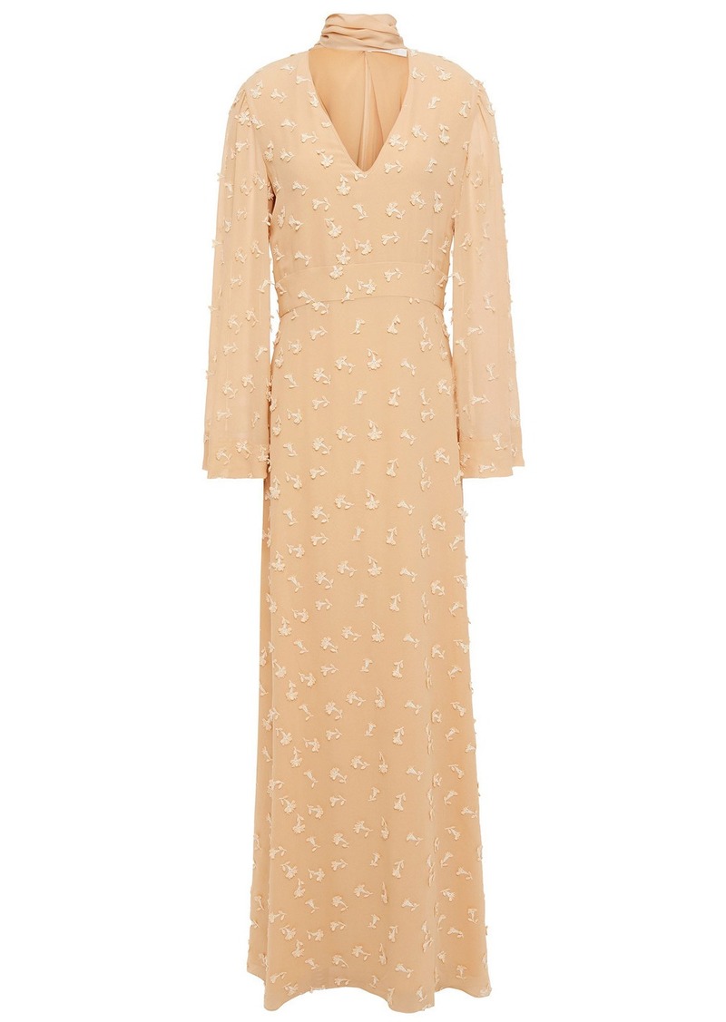 Chloé - Pussy-bow embroidered silk crepe de chine maxi dress - Neutral - FR 38