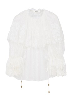 Chloé - Ruffled Floral Lace Top - White - FR 34 - Moda Operandi