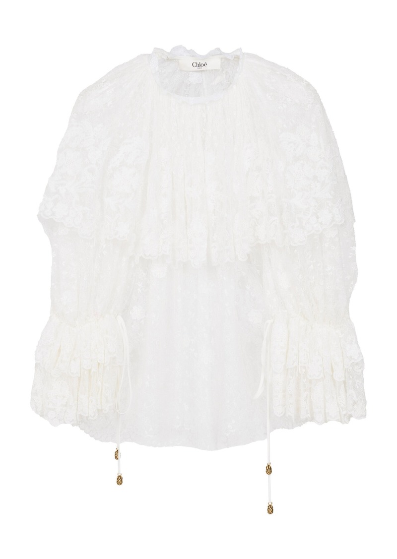 Chloé - Ruffled Floral Lace Top - White - FR 34 - Moda Operandi