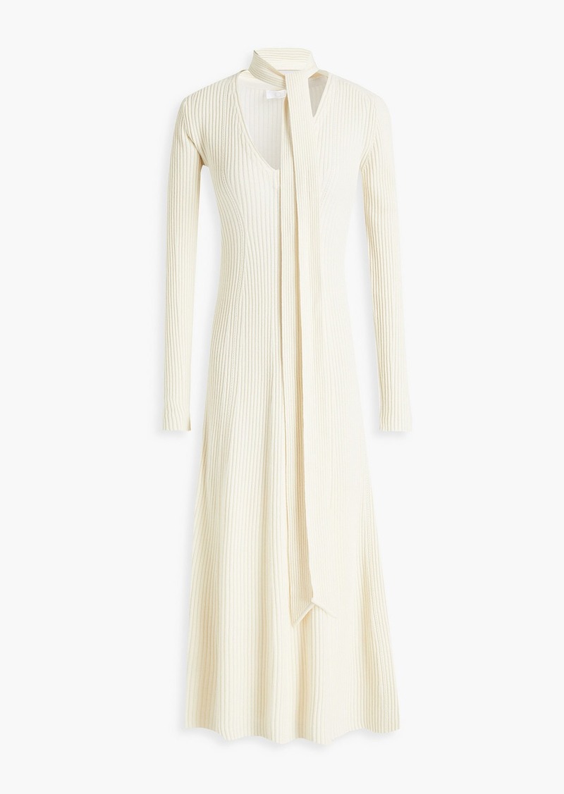 Chloé - Tie-neck ribbed wool and silk-blend midi dress - White - XS