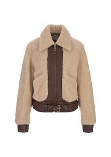 CHLOÉ Beige and Leather and Shearling Bomber Jacket