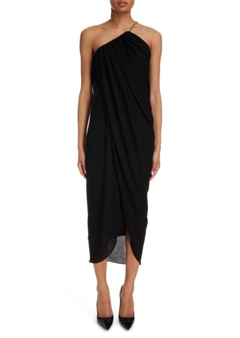 Chloé Chain Strap One-Shoulder Wool Crepe Jersey Midi Cocktail Dress