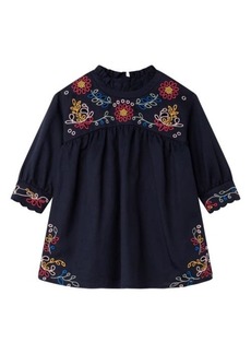 Chloé Embroidered Long Sleeve Cotton Twill Dress in 859 Navy at Nordstrom