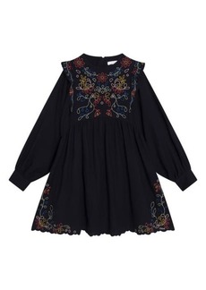 Chloé Kids' Embroidered Long Sleeve Cotton Twill Dress in 859-Navy at Nordstrom