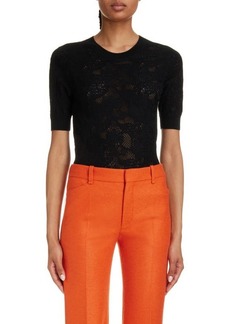 Chloé Lace Detail Short Sleeve Wool Blend Sweater