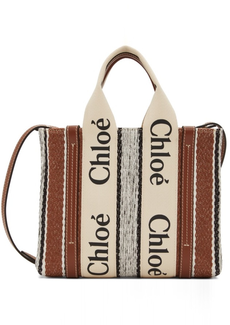 Chloé Off-White & Brown Linen Striped Small Woody Tote