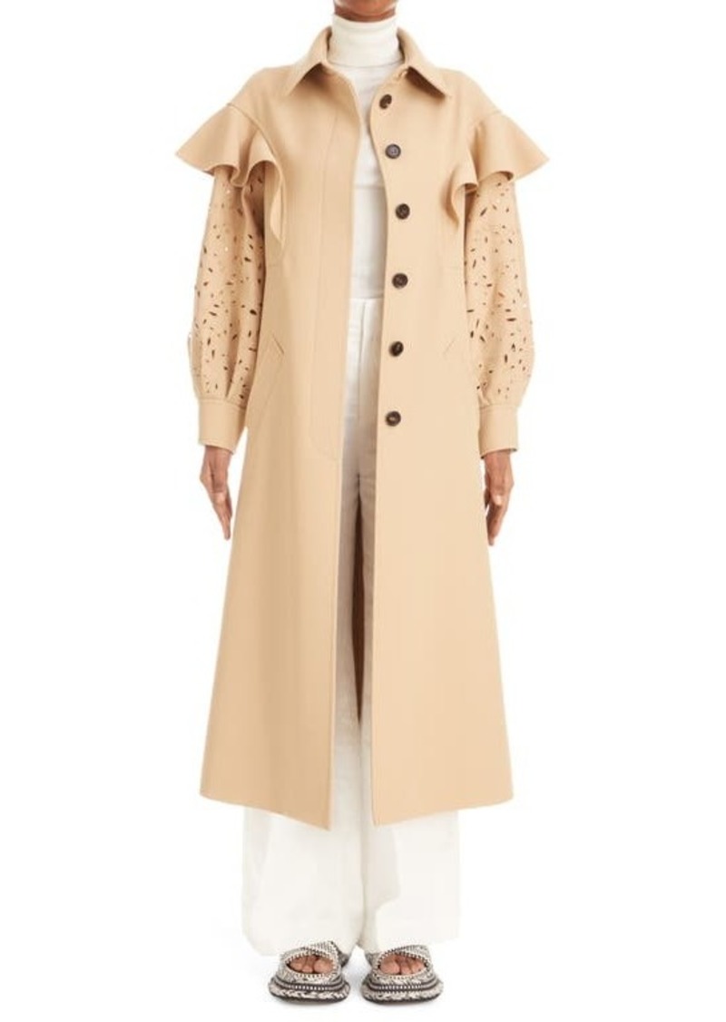 Chloé Ruffle Eyelet Sleeve Virgin Wool Gabardine Trench Coat