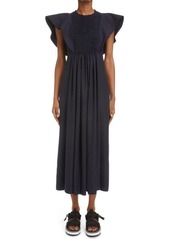 Chloé Smocked Wing Sleeve Linen & Silk A-Line Midi Dress