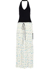 Chloé Woman Ribbed-knit And Floral-print Crepe De Chine Halterneck Maxi Dress Multicolor