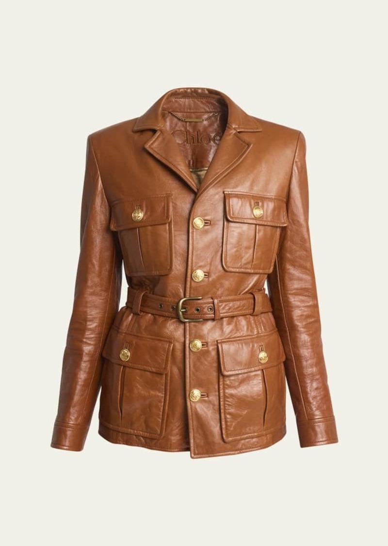 Chloé Chloe Glossy Leather Belted Military Jacket