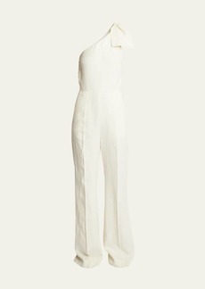 Chloé Chloe Linen Canvas One-Shoulder Jumpsuit with Bow Detail