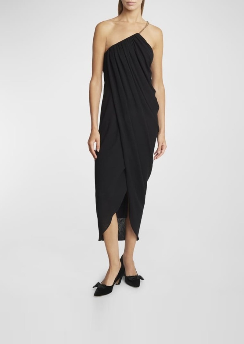 Chloé Draped One-Shoulder Jersey Dress with Chain Detail