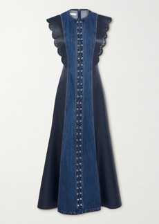 Chloé Embellished Organic Denim And Scalloped Leather Maxi Dress