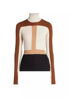 Chloé Light Wool Intarsia Fitted Turtleneck Colorblock Sweater
