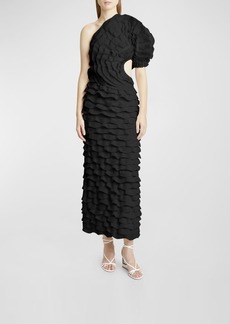 Chloé One-Shoulder Long Fitted Dress With Knit Ruffles