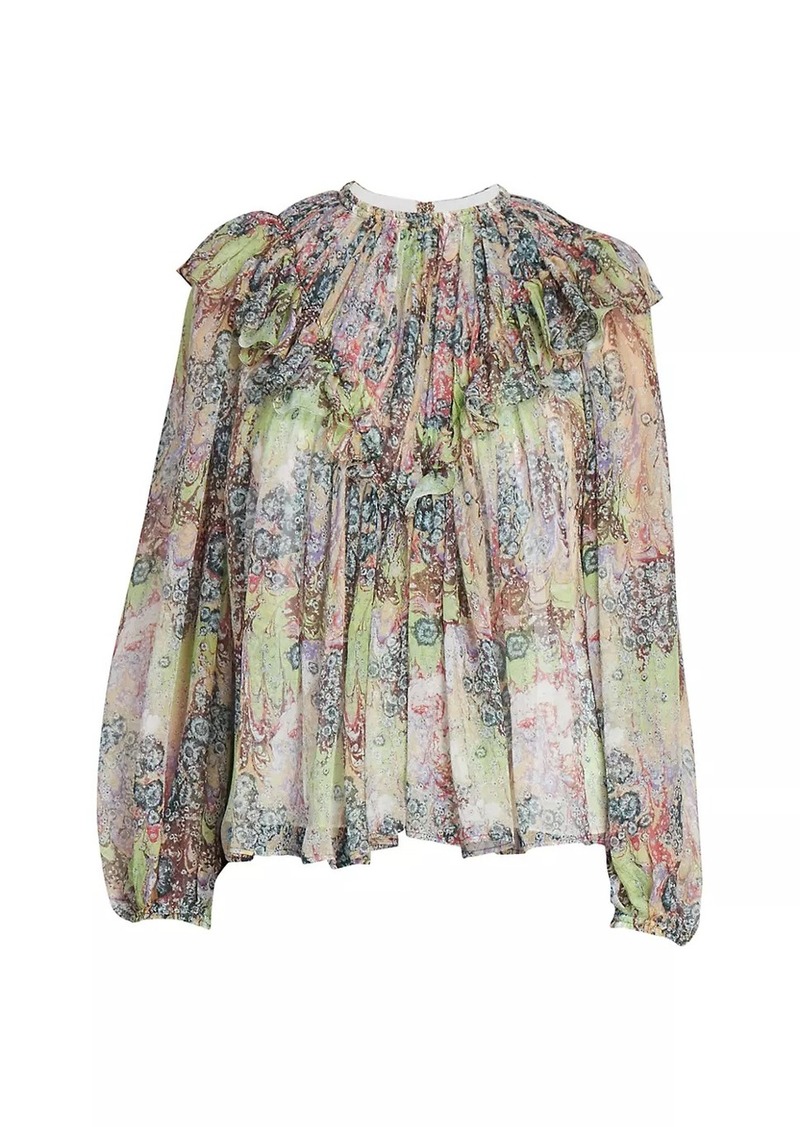 Chloé Ruffled Multicolor Print Silk Top