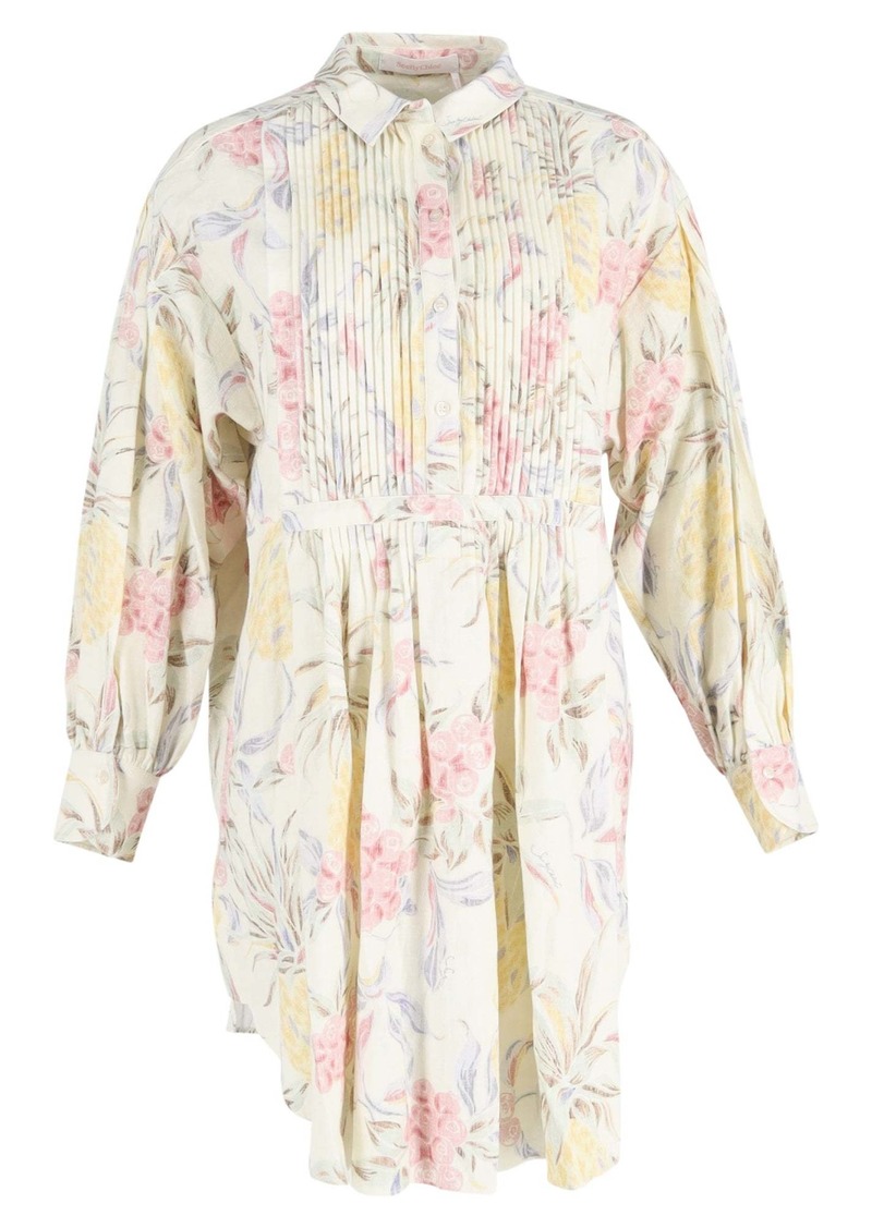 Chloé See by Chloe Mini Pintucked Floral Print in Multicolor Ramie