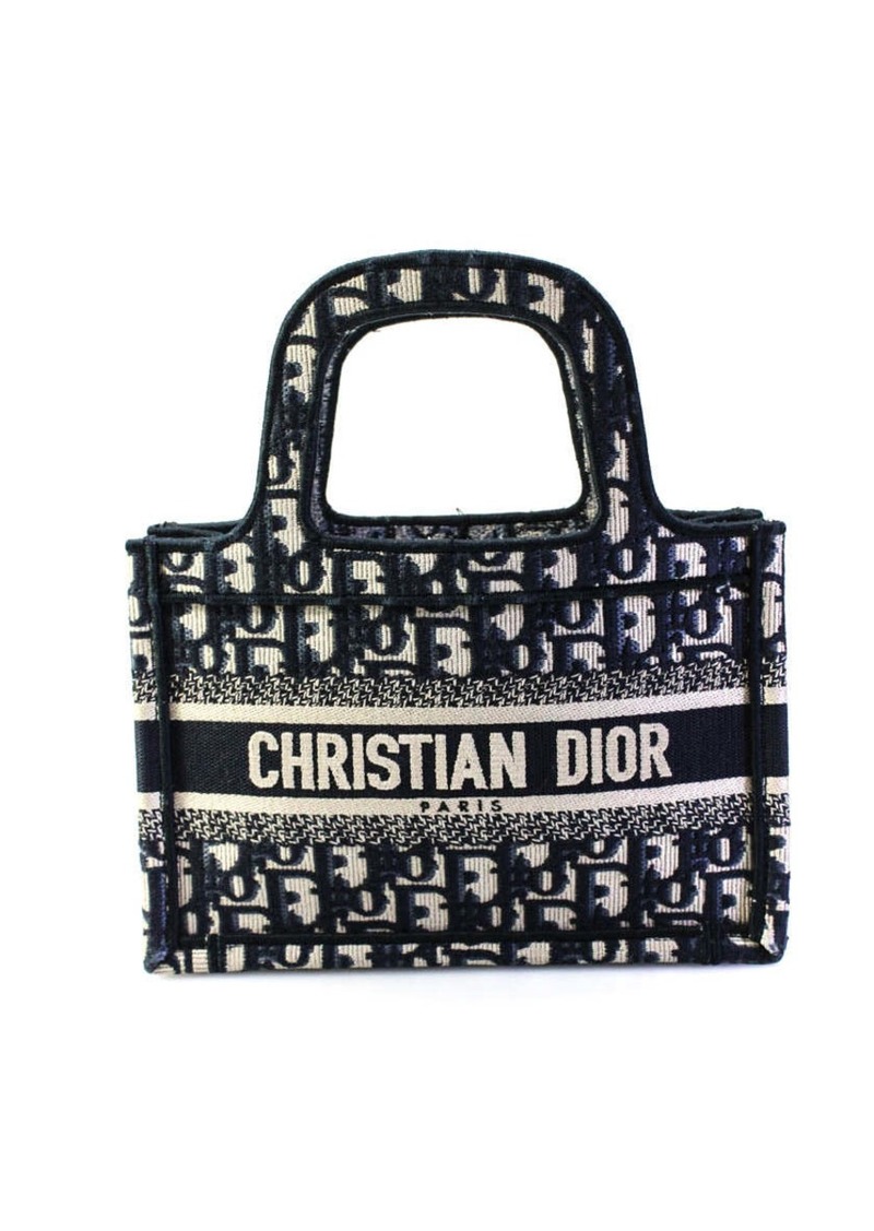 Christian Dior Womens Oblique Mini Book Tote Handbag Navy Blue White Canvas