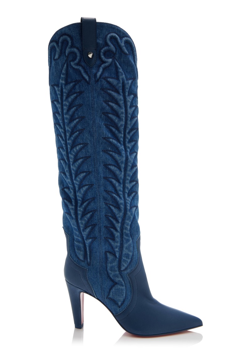 Christian Louboutin - Santia 85mm Embroidered Denim Knee Boots - Blue - IT 38 - Moda Operandi