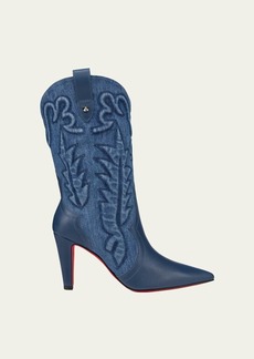 Christian Louboutin Embroidered Denim Red Sole Western Booties