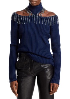 Christopher Kane Womens Embellished Cold Shoulder Mock Turtleneck Sweater