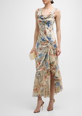 Cinq a Sept Ciara Floral Silk Sleeveless Ruffled Flounce Midi Dress