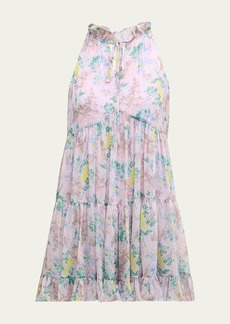 Cinq a Sept Light Washed Floral Walker Tiered Sleeveless Mini Dress